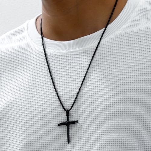 Dreuyet Nail Cross Necklace for Men Stainless Steel Vintage Polished Black Gold Silver Nail Cross Pendant Chain 24 inch Strength Bible Verse Cross Necklace Christian Jesus Jewelry Gifts4