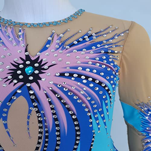 Collant de Ginástica Rítmica Azul Roxo Diamante Manga Longa Meninas Desempenho Competição, Azul, G