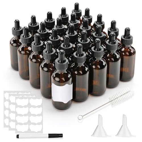 Salzesfalls 25 Pack 2 oz Amber Dropper Bottles Eye Dropper Bottle with Black Cap Tincture Bottles with Dropper Glass Dropper Bottle for Essential Oils Perfume Hair Oil