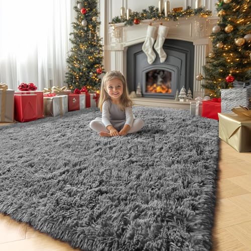 Amdrebio Grey Area Rugs for Living Room, 9x12 Carpet, Fluffy Shaggy Soft Rugs for Bedroom, Large Big Floor Rug for Kids Room Dorm, Gray Carpet, Modern Indoor Rug for Teens Men Baby Boys Home Decor