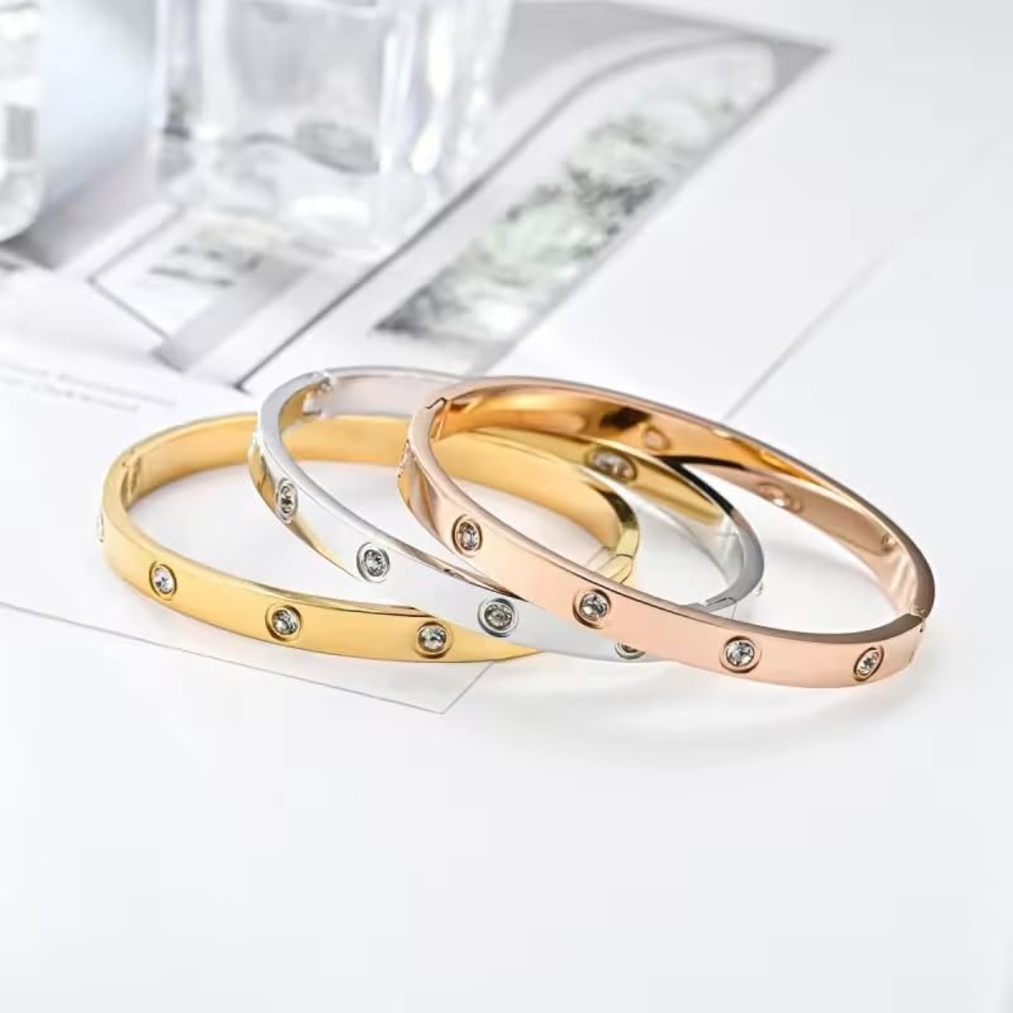 18K Gold Plated Stainless Steel Openable Crystal Bracelet, Cuff Bangle