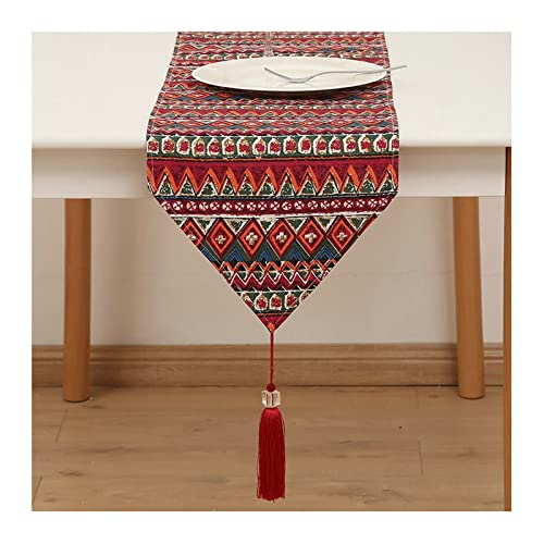 Chemin de table géométrique rouge en lin premium pour une décoration de table longue raffinée