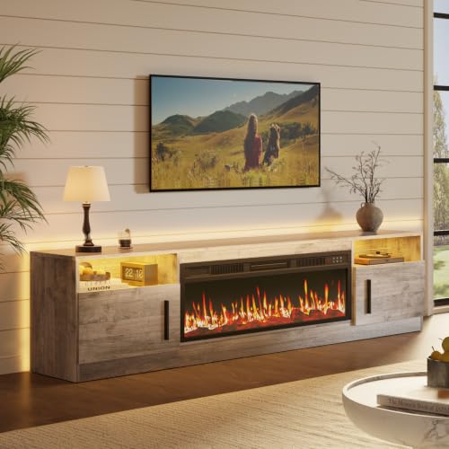 Image of Waleaf 70 inch Fireplace TV Stand with 36 inch Electric Fireplace,20 Colors LED Lights Entertainment Center for Living Room,Large High Gloss TV Console Cabinet for Televisions up to 80+ Inch