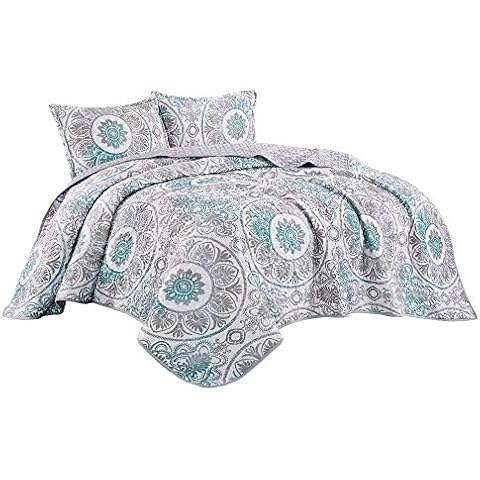 Jaba 3-Piece Fine Printed King Size Quilt Set, All-Season Bedspread, Atria Coverlet with Pillow Shams Bed Cover (Grey, Blue, Purple, White Geometric) Cover
