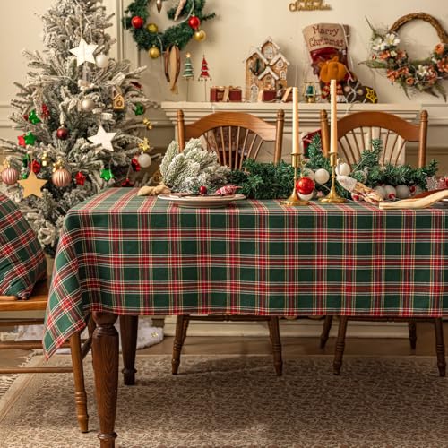 Softalker Christmas Checkered Tablecloth Rectangle - Green Buffalo Plaid Linen Cotton Gingham Xmas Table Cloths, Winter Farmhouse Table Decorations for Dining/Parties/Holiday, 54 x 108 Inch