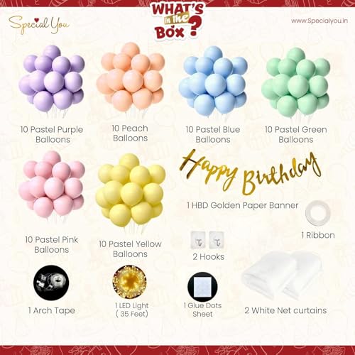 Image of SpecialYou.in Rubber Rainbow Theme Birthday Decoration Kit For Girls With Pastel Balloons For Decorations, Pastel Balloons For Birthday Decor Items For Baby Girl, Boy- 69 Pcs