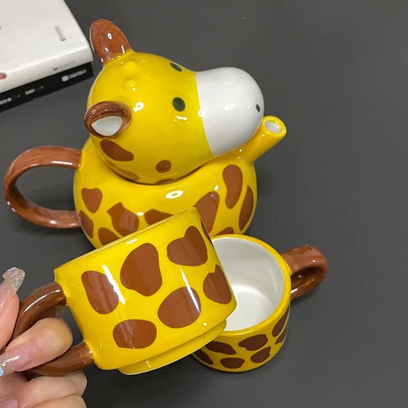 Miniatura 5 de RORA Tetera de jirafa con 2 tazas de té, juego de tetera de cerámica pintada a mano para café, café con leche, té de flores y té de frutas (17