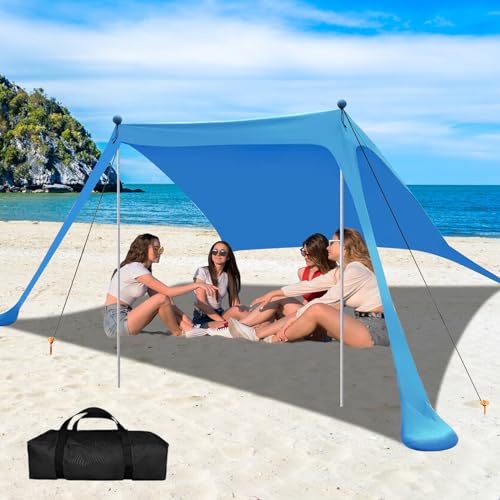 Poshpalace TENT-10 Beach Tent Sun Shelter 10X10 Ft Beach Canopy Upf50+ Portable Pop Up Canopy With Sandbags Stability Poles Windproof Design Beach Sunshade For Camping Fishing Backyard Includes Carry Bag & Sand Shovel cover