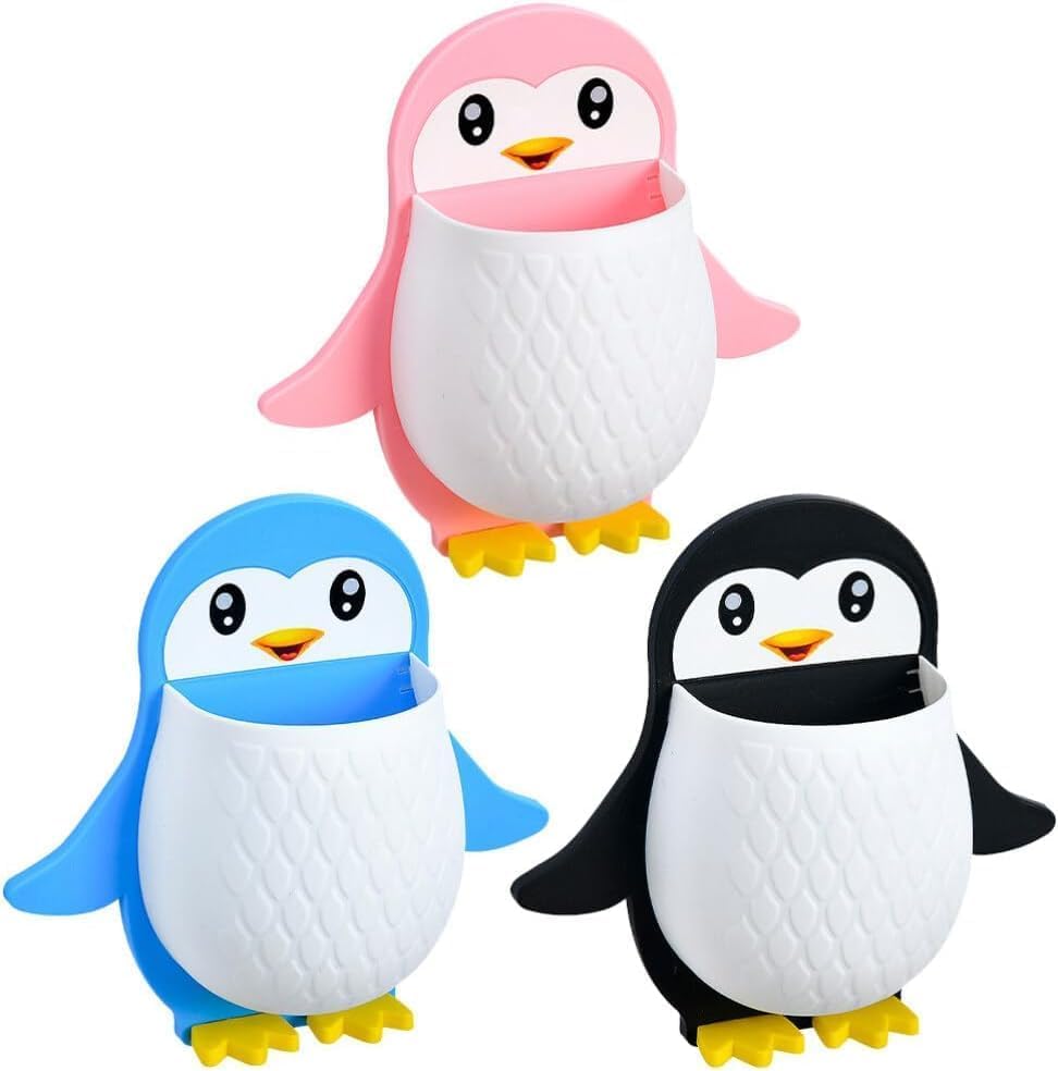 Toothbrush Holder Penguin Wall Mounted Storage Rack - No Drilling, Adhesive Wall Shelf for Bathroom, Bedroom, Kitchen - Makeup Tool | Nightstand Organizer (3)-image-0