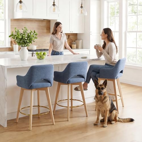 Image of Zesthouse Swivel Wooden Bar Stools Set of 2, Coastal Blue Counter Height Stools with Arm & Back, Upholstered Linen Fabric Barstools with Solid Wood Leg & Gold Metal Ring, High Chair for Kitchen Island