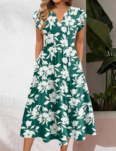 Image of ZEAGOO Womens Summer Casual Dresses Ruffle Sleeve V Neck Midi Dress Flowy Tiered Dress with Pockets Boho Sundresses