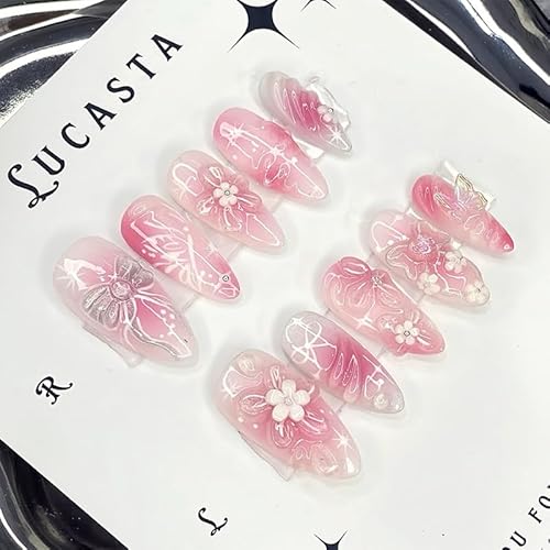 Mkwntg 24Pcs Pink Flower Press on Nails Medium Almond Fake