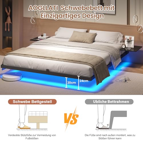 AOGLLATI Bettgestell 180x200 Bett 180x200 aus Metall mit LED Beleuchtung und Ladestation Schwebender Bettrahmen mit Aufbewahrungsregalen Metallbett mit Lattenrost Doppelbett Schwarz (Ohne Matratze) – Bild 7