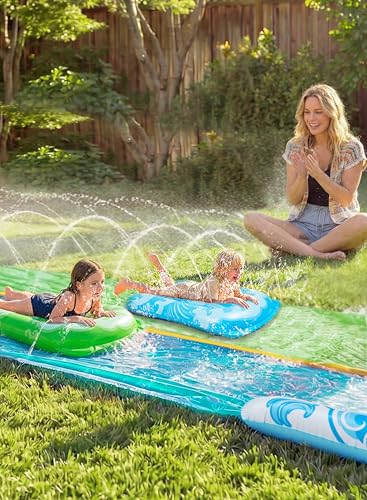 JOYIN 32,5ft/990.6cm Wasserrutsche und 2 aufblasbare Boards, extra Lange Doppel-Garten-Wasserrutsche mit Sprinkler für Kinder und Erwachsene, Sommer-Wasserspielzeug für den Garten, Blau, Grün