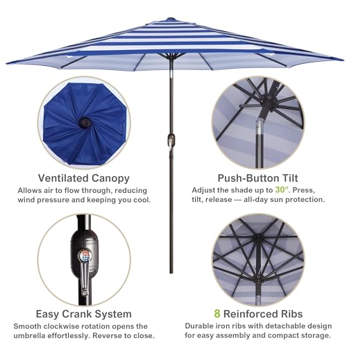 Image of Blissun 10FT Patio Umbrella, Outdoor Table Umbrella, Yard Umbrella, Market Umbrella with 8 Sturdy Ribs, Push Button Tilt and Crank, Blue & White