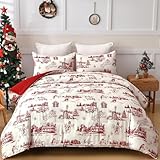 Dinjoy Christmas Comforter Set King Size, Red Beige Snowman Christmas Tree Printed Pattern Holiday Bedding Set 3 Pieces, Soft Microfiber Xmas New Year Gift Bed Comforter 104'x90'