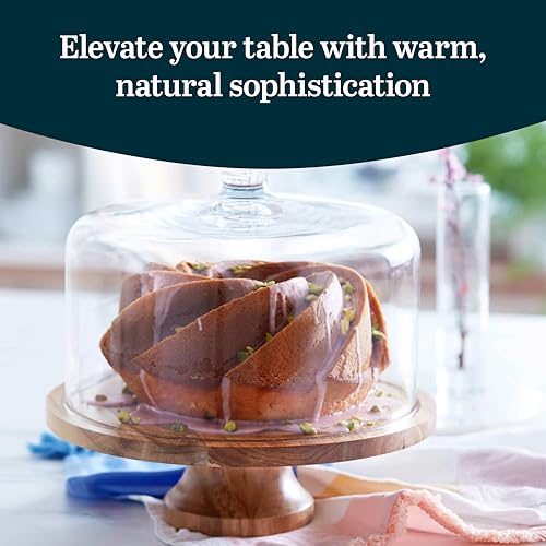 image for Libbey Acacia Wood Cake Stand with Lid, Footed Round Cake Container, B