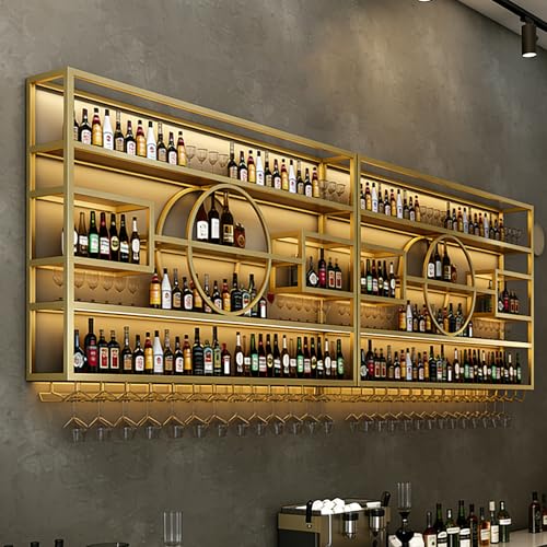 Image of 55in Wine Rack Wall Mounted, Large Capacity Hanging Wine Bottles Display Shelf with Glasses Holder, 4 Tier Industrial Bar Liquor Storage Shelves for Home Bar Kitchen,Living Room (Gold, 110in)