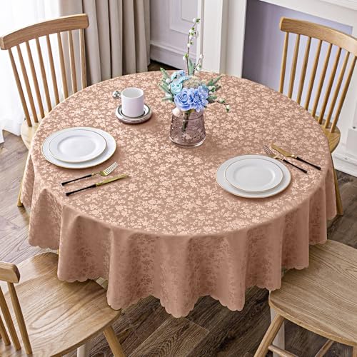 Image of Smiry Round Table Cloth, Waterproof Heavy Duty Vinyl Tablecloths, Wipeable Washable Table Cover for Kitchen and Dining Room (Tan, 70 inch Round)