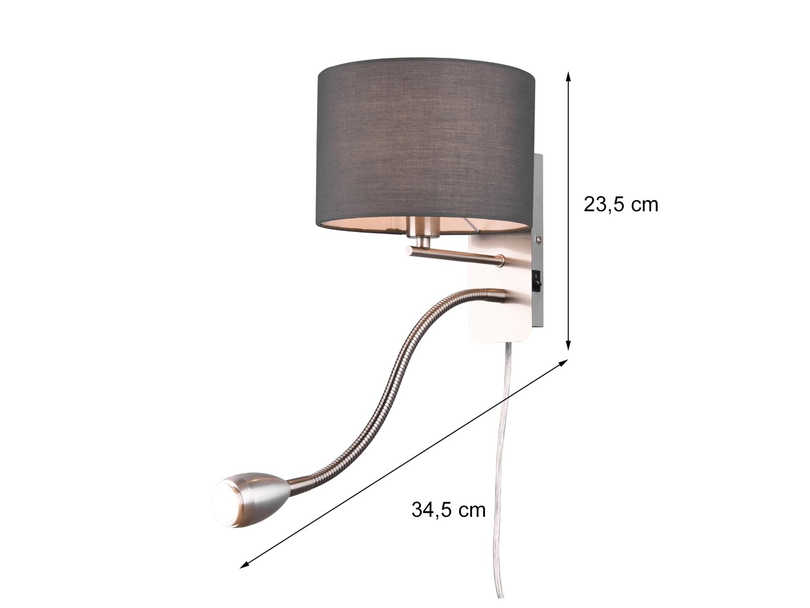 meineWunschleuchte Wandleuchte mit Leselampe, Schalter, Kabel und Stecker, Stoff Lampenschirm Grau, Korpus Metall Silber, Höhe 23,5cm inkl. stufenweise dimmbarem E14 Leuchtmittel