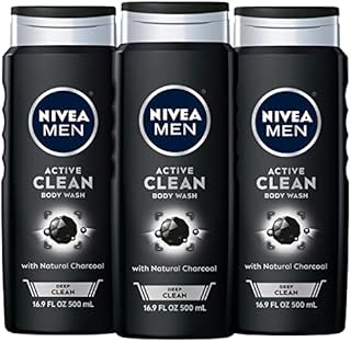 NIVEA MEN DEEP Active Clean Charcoal Body Wash, Cleansing Body Wash with Natural Charcoal, 3 Pack of 16.9 Fl Oz Bottles