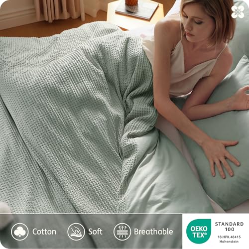 Image of Bedsure Cotton Duvet Cover King Size - 100% Cotton Waffle Weave Sage Green Duvet Cover, PureWoven Textured Breathable Bedding Comforter Cover for All Season, 1 Duvet Cover Only 104 inchx90 inch