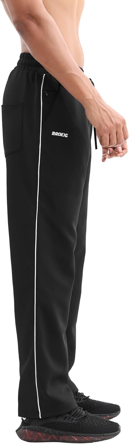 BROKIG Men's Gerade Athletic Pants Workout Jogger Pants Elastic Waistband Open Bottom Loose Sweat Pants with Zip Pockets - Image 8