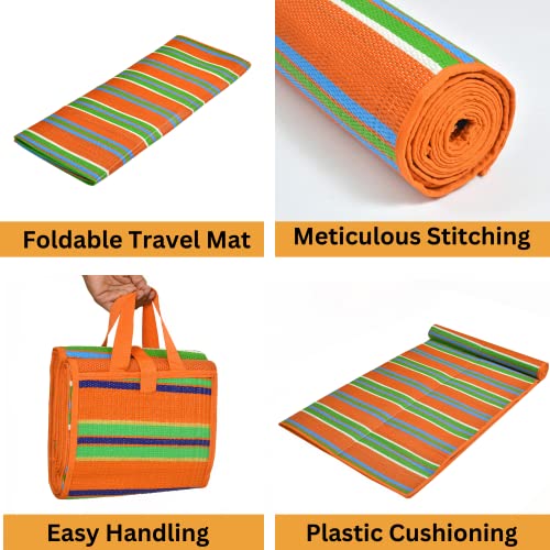 Image of 6x9 Feet Plastic Chatai Mat for Sleeping | Foldable Floor Mat for Home Use | Lightweight Chattai with Handles | Multipurpose Sleeping Mat for Floor - Orange