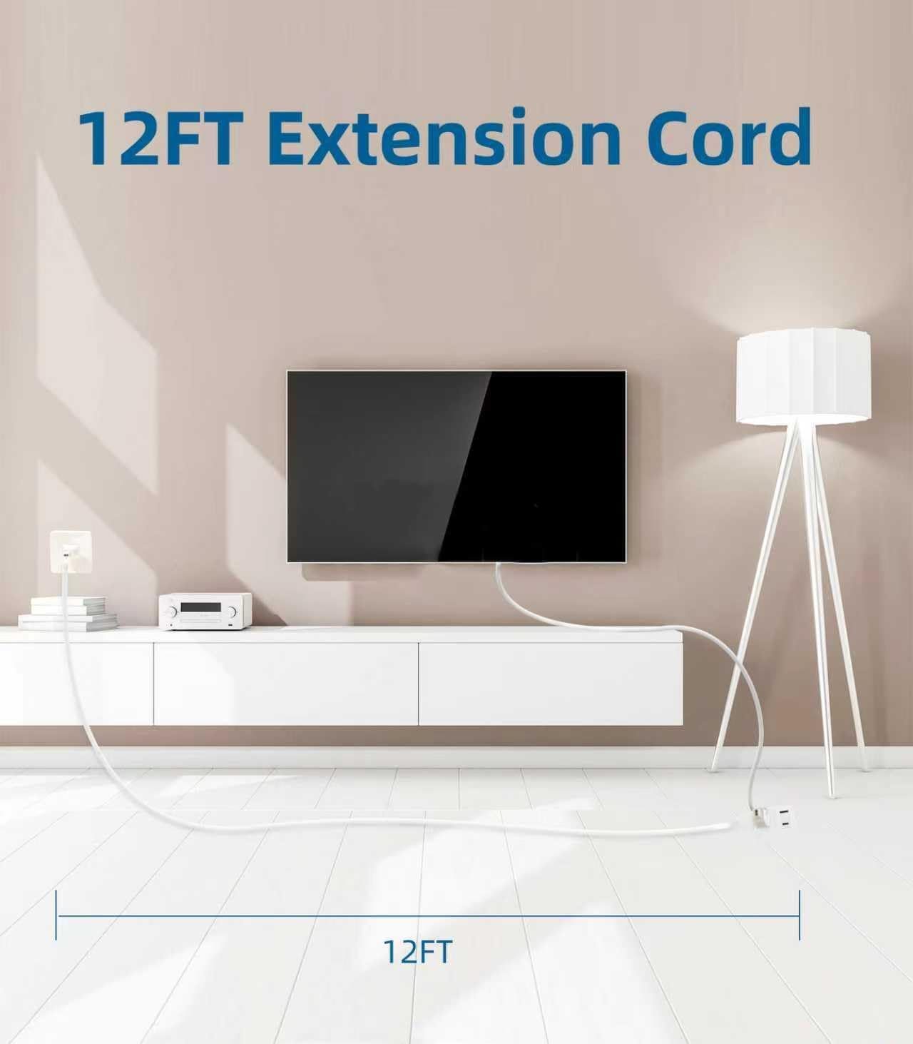 TiFFCOFiO Indoor Extension Cord, 2 Prong 12 Feet Extension Cord, 3 Polarized Outlets with Safety Slide Windows,13A/1625W, 16 AWG, 1 Pack