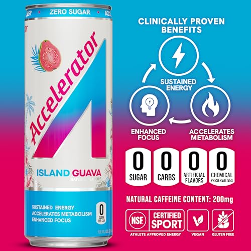 Image of Accelerator Active Energy Drink, Island Guava 12oz can (12 pack) | Zero Sugar, Sustained Energy from 100% Natural Caffeine (200mg from Green Coffee Bean & Green Tea extract)