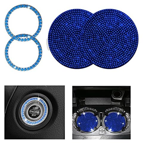 SPANICE 4pcs in 1 Set Bling Car Interior Accessories for Women, 2 Pack Crystal Car Cup Holder Coaster & 2 Pack Bling Push Start Button, Universal Vehicle Anti Slip Silicone Cup Holder (Blue) Cover