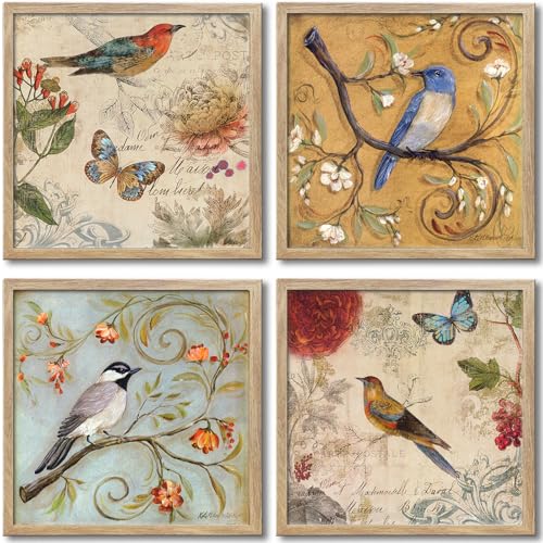Image of Large Framed Flowers Birds Canvas Wall Art for Bedroom Floral Wall Decor Butterfly Picture Artwork Vintage Prints Paintings for Living Room Bathroom Kitchen Decorations 16 inchx16 inch