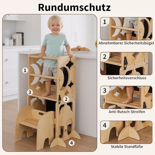 Foto von COSYLAND Lernturm ab 1 Jahr, klappbar – 4in1 Lernturm Kinder mit Doppeltafel, Stehhilfe & Schreibtisch mit Stuhl, Elefanten-Hocker als Tritthocker, Natur