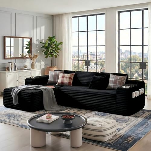 Image of KCGKCG 106 inch Cloud Sectional Couch with L Shape Chaise, Modern Frameless Modular Sofa with Cup Holders, Higher 17.7 inch Seat Height, 32D Pure Foam, No Assembly for Apartment (Black, Left Facing Chaise)