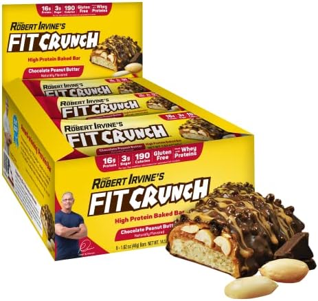 Fit Crunch Snack Size Protein Bars, Designed by Robert Irvine, 6-Layer Baked Bar, 3g of Sugar, Gluten Free & Soft Cake Core (9 Bars, Chocolate Peanut Butter)