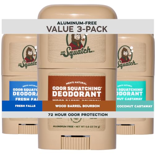 Dr. Squatch Natural Mens Deodorant Aluminum Free Natural Deodorant Men Mini Travel Essentials 72-Hour Odor Protection Fresh Falls Wood Barrel Bourbon Coconut Castaway 0.5oz Stick (3-Pack)