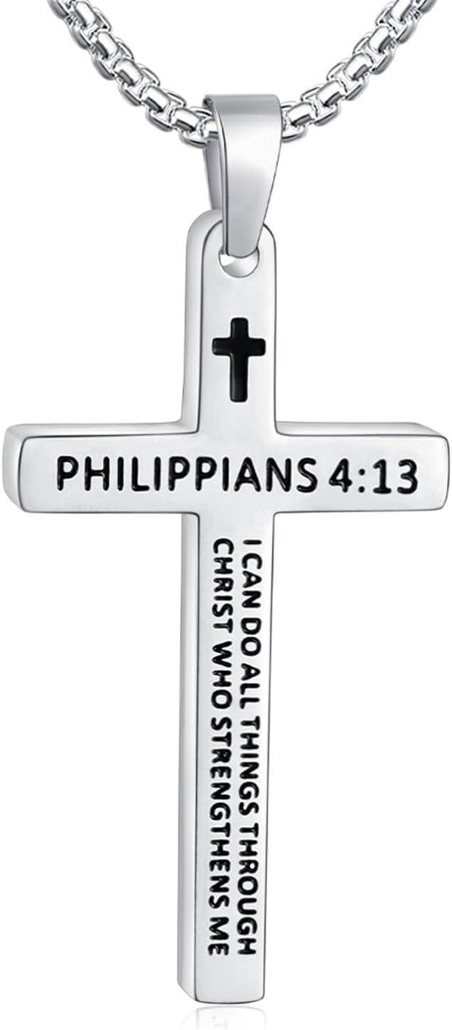 Fiusem Bible Verse Cross Necklace for Men, Stainless Steel Mens Necklace, Black/Gold/Silver Tone Cross Pendant for Men