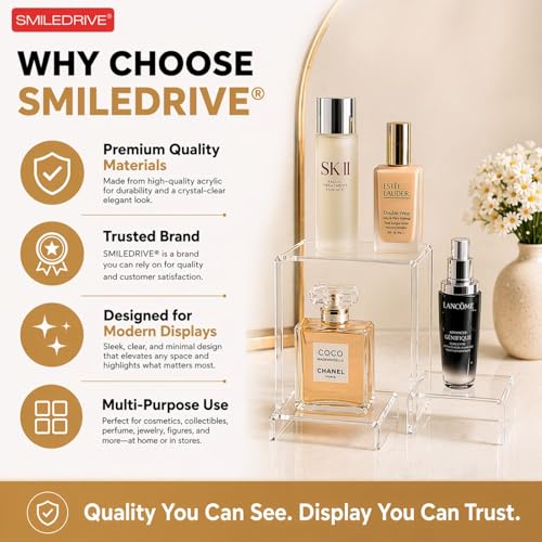 Image of SMILEDRIVE Acrylic Display Risers Set of 3, 5MM Thick, 3x3, 4x4, 5x5 Inch | Transparent Stand, For Jewelry, Collectibles, Cupcakes & Retail
