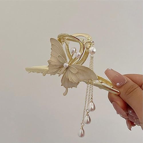 Miniatura 7 de Yongilan Clip de mariposa, 1 pieza de clip de garra de metal de mariposa, horquilla antideslizante de moda, horquilla de mariposa con borla,