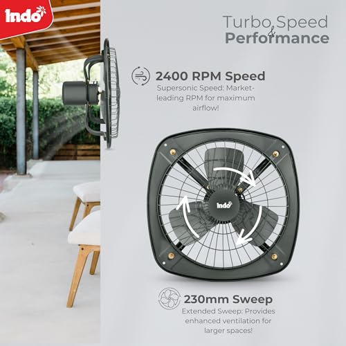 Image of Indo High Speed Fresh Air Exhaust Fan| 9 Inch Blade Fan| Powerful Motor| Suitable For Kitchen, Industries| 2 Years Warranty,Grey