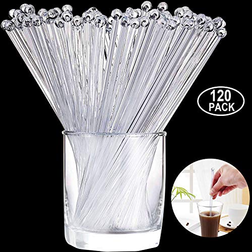 ABOAT, 120 bastoncini swizzle con punta a palla, in plastica, per mescolare bevande, diametro di 18,5 cm, in plastica trasparente