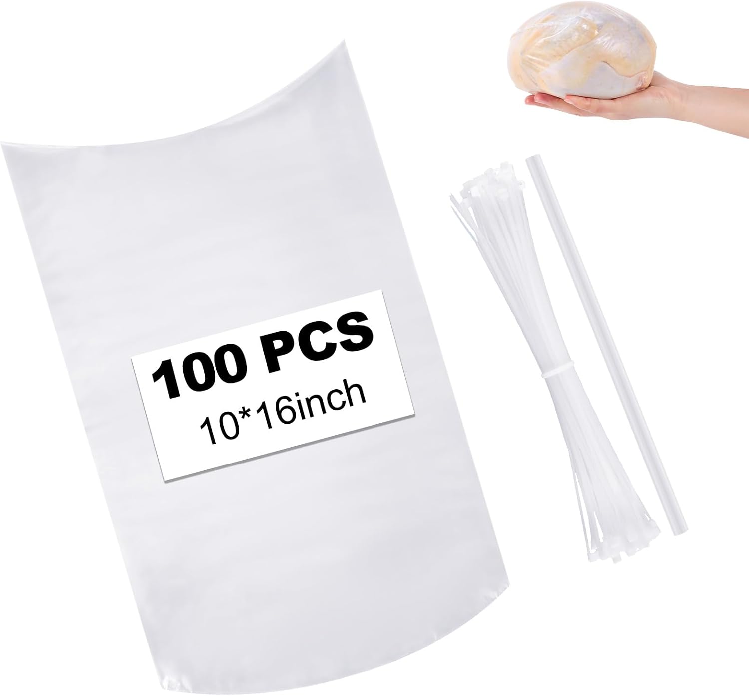 Zonon 100 Pcs 100 Pack Poultry Shrink Bags 10 x 16 Inches Clear Poultry Heat Shrink Wrap Bags for Chickens Turkey Rabbits Bpa Free Freezer with 100 Zip Ties and Clear Silicone Straw for Food Storage