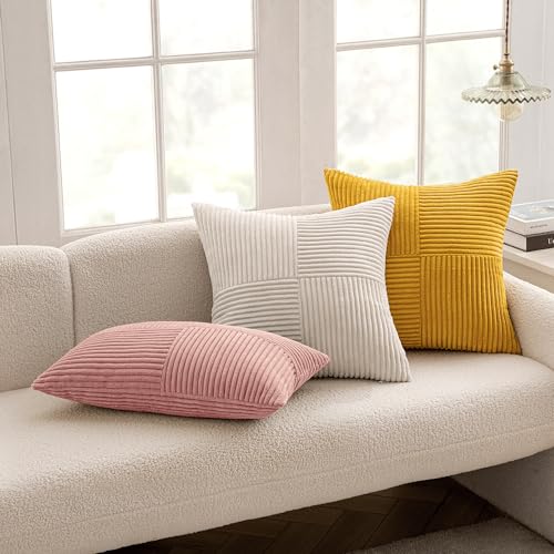 Image of MIULEE Blush Pink Decorative Throw Pillow Covers for Couch 18x18 Inch | 2 Pack, Boho Farmhouse Pillow Covers, Soft Cross Corduroy Patchwork Textured Cushion Cases For Bed Sofa