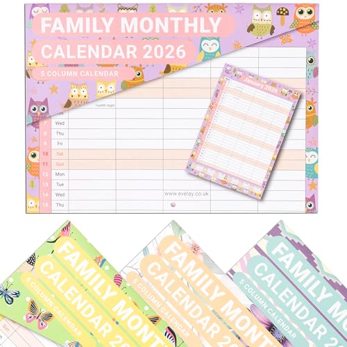 evelay 2026 Family Calendar Month to View 5 Columns A3 When Open Hanging Wall Planner Organiser (Owl)