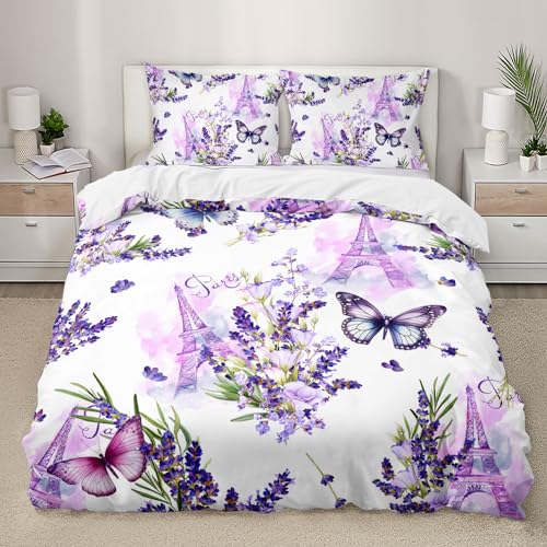 AILONEN Purple Butterfly Duvet Cover Set Twin Size, Lavender Floral Comforter Cover Set,Eiffel Tower Butterflies Bedding Set for Girls Women, 3 Pieces, 1 Quilt Cover and 2 Pillowcases