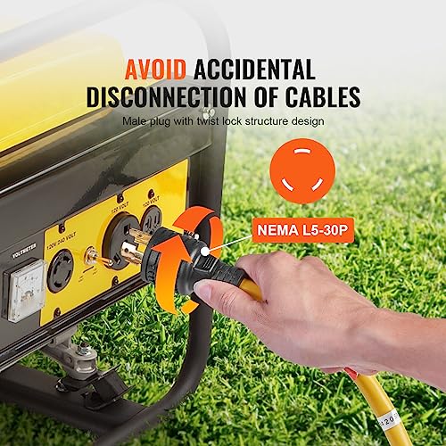 VEVOR LA530PA/LA052E 30-Amp Extension 25 Feet, 125V 3750W Heavy Duty Outdoor Cord, L5-30P / Three NEMA 5-15R STJW Flexible Power Cable with Twist Lock Connectors, for Generators, Black - Image 5