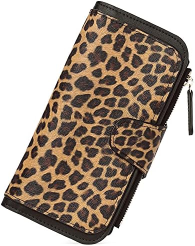CLUCI Women Wallet Leather RFID Blocking Designer Trifold Card Holder Ladies Clutch with ID Window Leopard