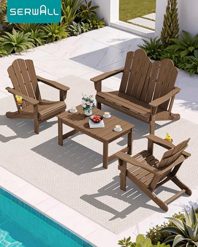 Image of SERWALL 5-Pc HDPE Adirondack Set, 2 Chairs, 2 Benches&1 Coffee Table, Brown