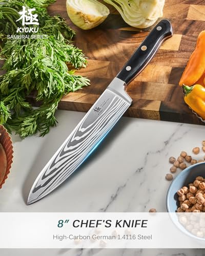 Image of KYOKU 8 inch Chef Knife, Samurai Series Japanese Style Chef's Knife with Sharpening Stone, High Carbon Steel Kitchen Knife with Pakkawood Handle Mosaic Pin Gift Box for Meat Vegetable Fruit Chopping