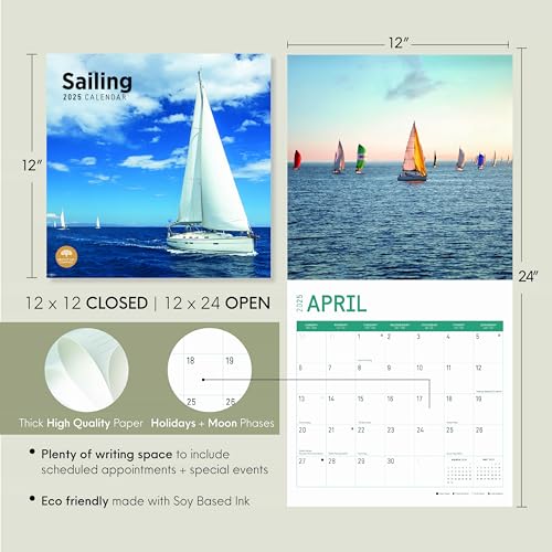 Calendário de parede mensal 2025 da Bright Day, 30,5 x 30,5 cm, veleiro, iate, regata náutica, capit